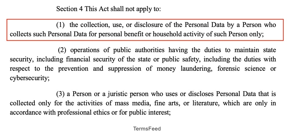 Thailand PDPA: Section 4 - Exemptions excerpt