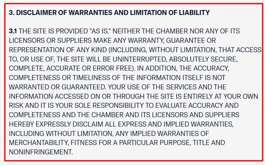 US Chamber of Commerce Terms and Conditions: Disclaimer of Warranties and Limitation of Liability clause