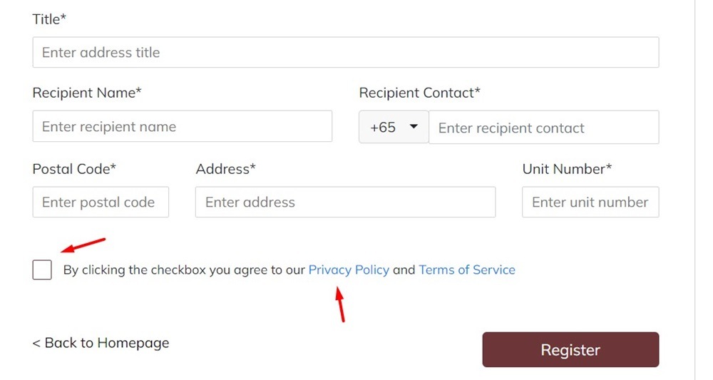 The Village account register form with Agree checkbox highlighted