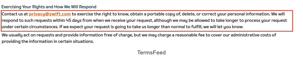 Zwift Privacy Policy: Exercising rights clause