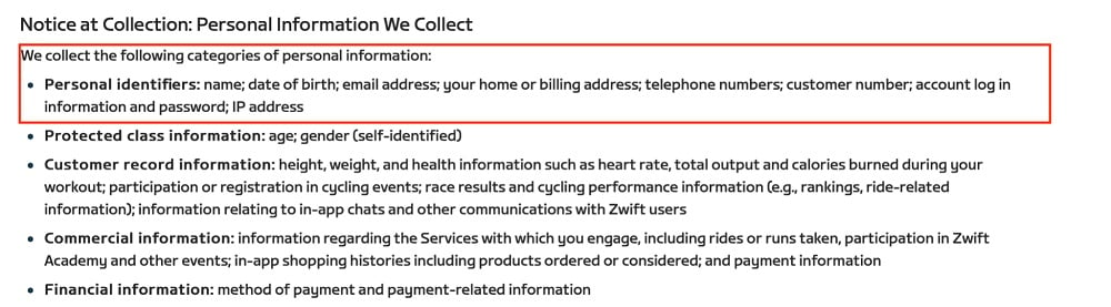 Zwift Privacy Policy: Personal information we collect clause