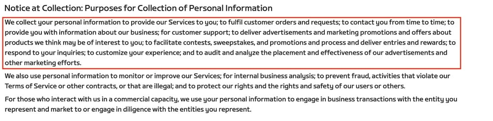 Zwift Privacy Policy: Purposes for Collection of Personal Information clause