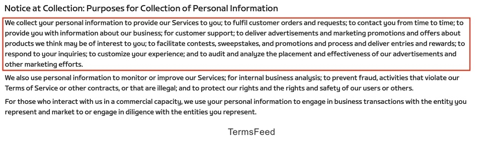 Zwift Privacy Policy: Purposes for Collection of Personal Information clause