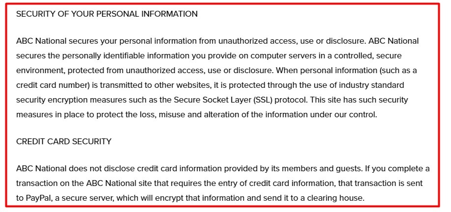ABC National Privacy Policy: Security clause