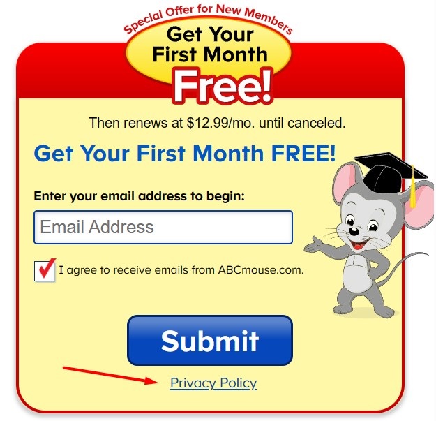 ABCmouse email sign up form with Privacy Policy link highlighted