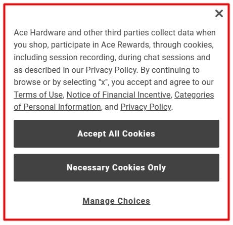 Ace Hardware cookie consent notice