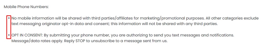 Alive5 Privacy Policy: Mobile numbers section