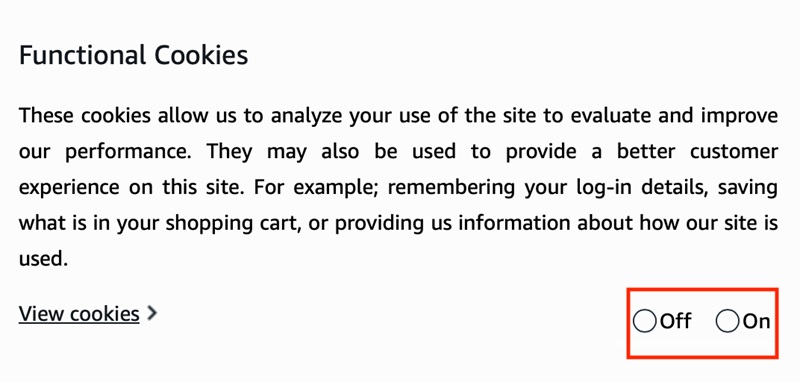 Amazon EU Functional Cookies with On Off buttons