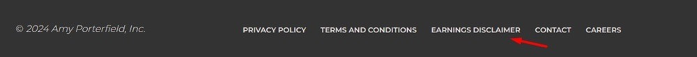 Amy Porterfield website footer with Earnings Disclaimer link highlighted