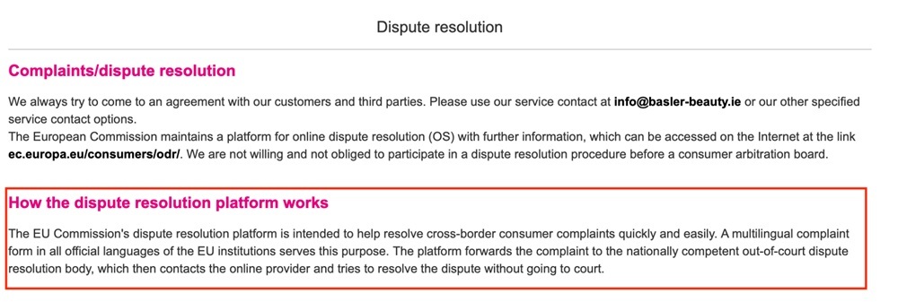 Bassler Beauty Dispute resolution page excerpt