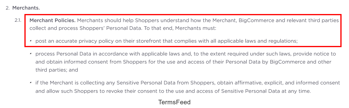Big Commerce merchant privacy policy requirement