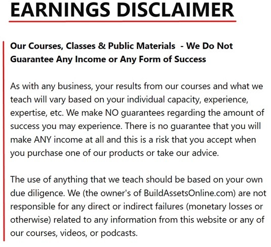 Build Assets Online Earnings Disclaimer