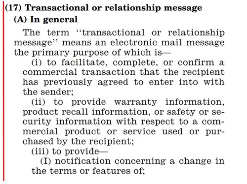 CAN-SPAM Definition of transactional or relationship message