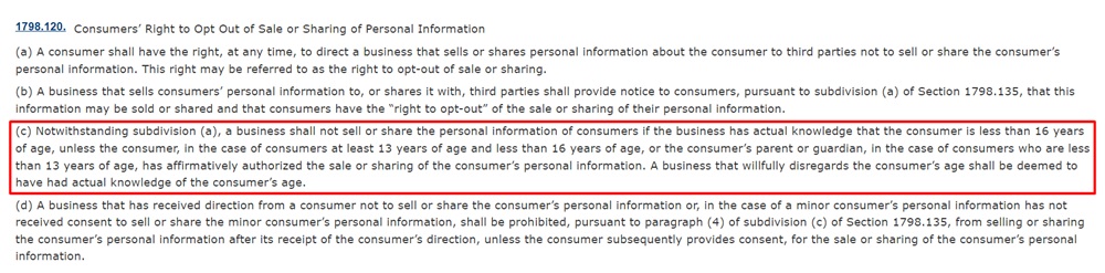 CCPA Section 1798 120 with Section c highlighted