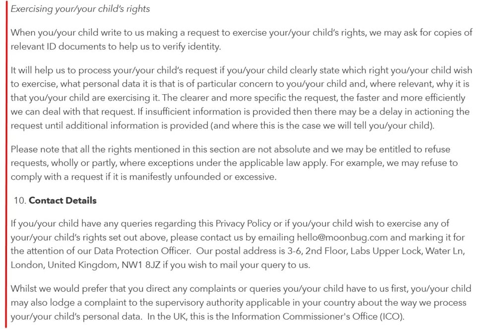 Cocomelon Privacy Policy: Exercising chlidrens rights and contact details clauses
