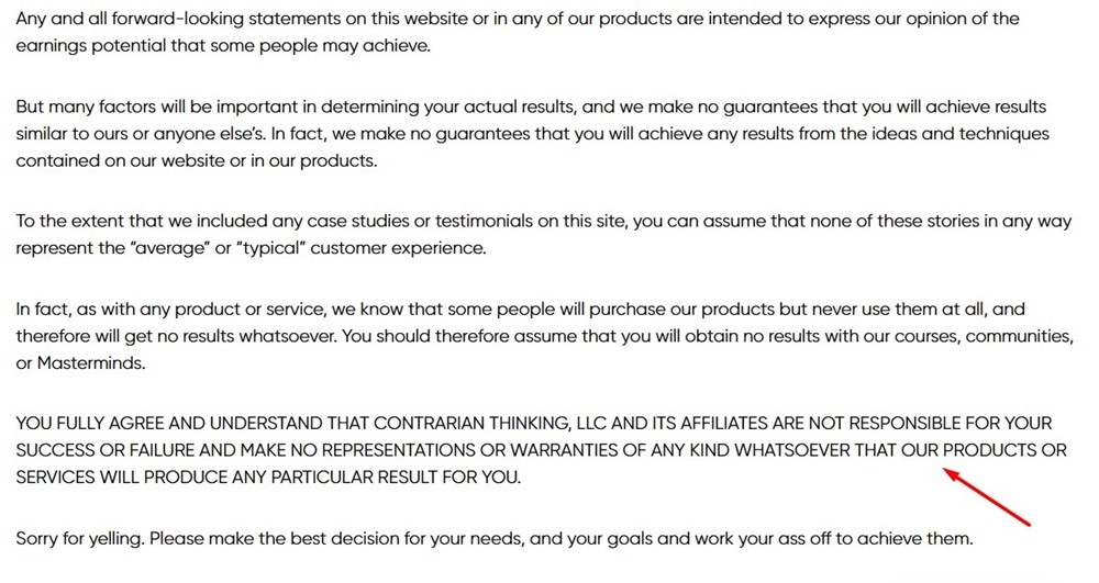 Contrarian Thinking Earnings Disclaimer