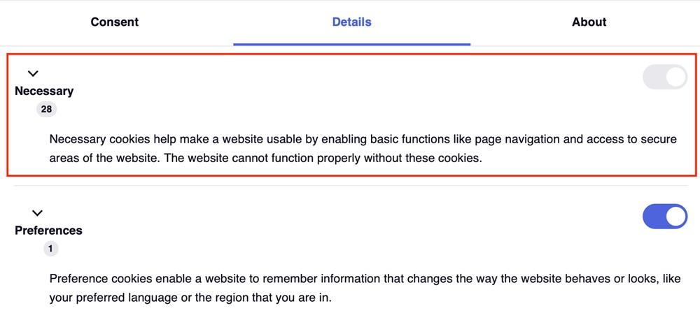 Cookie Notice with Necessary section highlighted