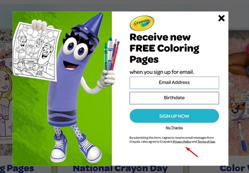 Crayola email sign up form with Privacy Policy link highlighted