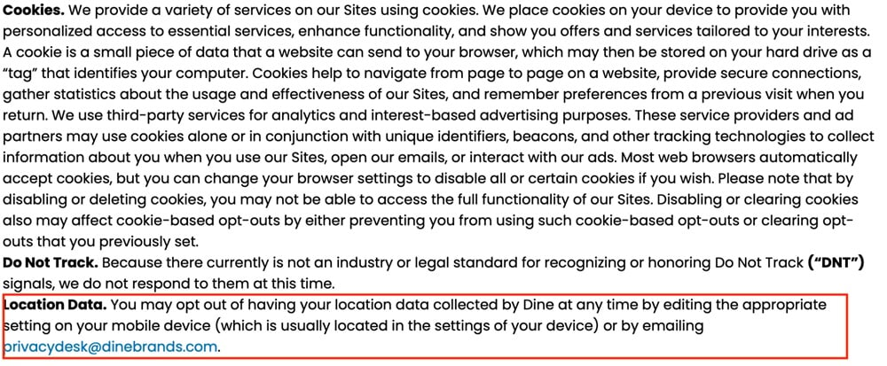 Dine Brands Privacy Policy Cookies clause