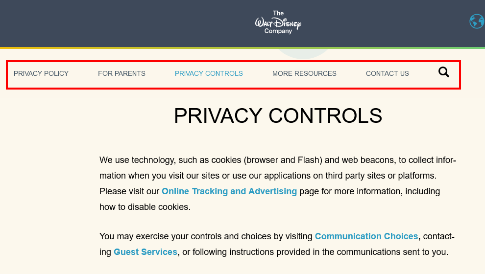 Disney Privacy Controls page