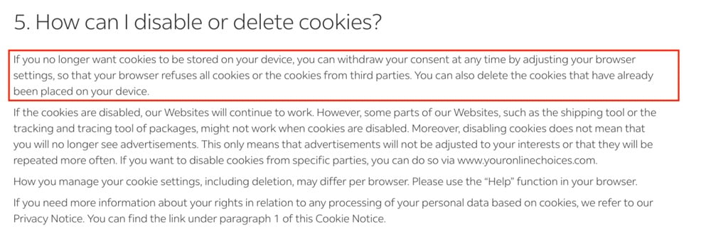 Generic disable delete cookies clause