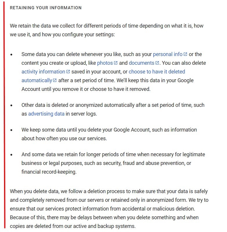 Google Privacy Policy: Retaining Your Information clause