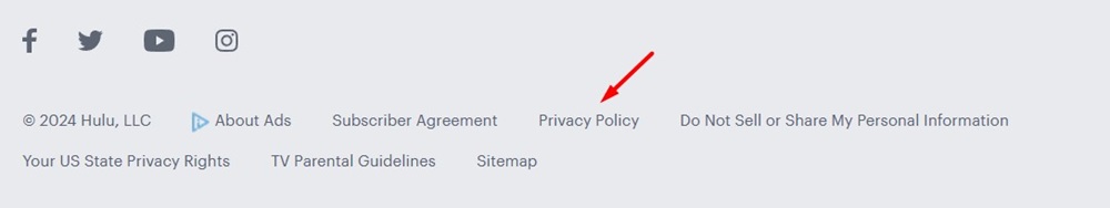 Hulu website footer with Privacy Policy link highlighted