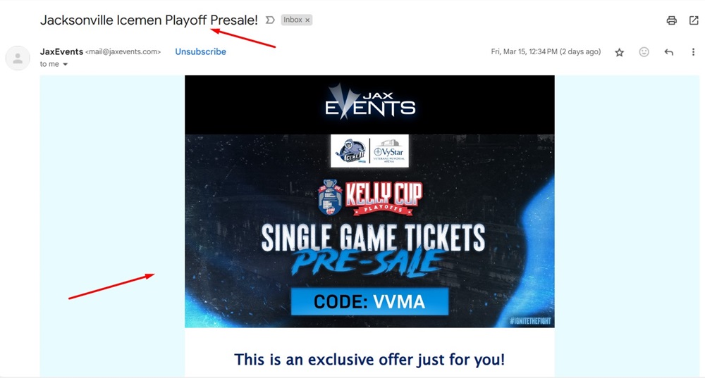 Jacksonville Icemen Presale email screenshot