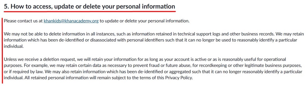 Khan Academy Kids Privacy Policy: How to access update delete personal information clause