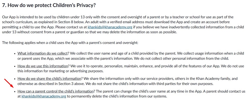 Khan Academy Kids Privacy Policy: How do we protect childrens privacy clause