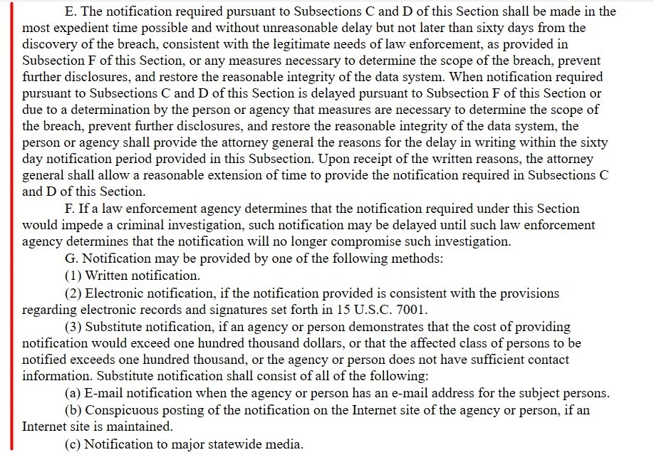 Louisiana Database Security Breach Notification Law Section 3074 E through G