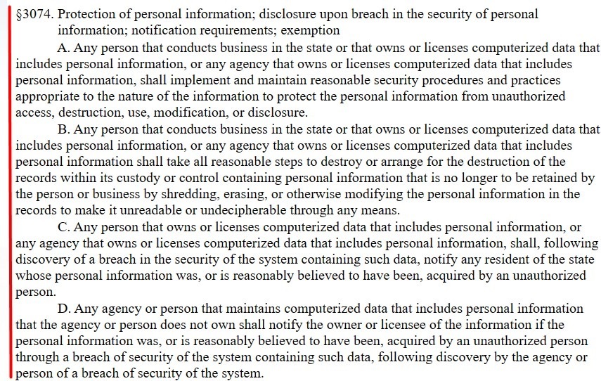 Louisiana Database Security Breach Notification Law Section 3074