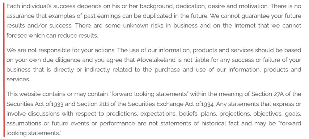 LoveLakeland Earnings Disclaimer
