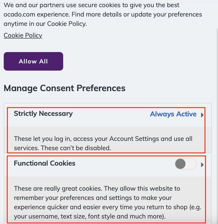 Screenshot of Manage Cookie Consent Preferences