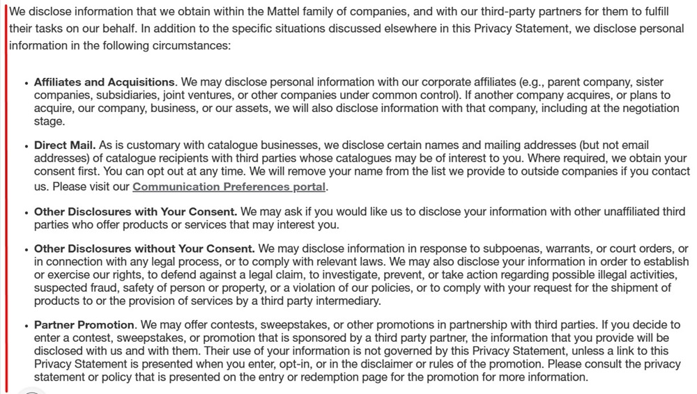Mattel Privacy Statement Third Party clause