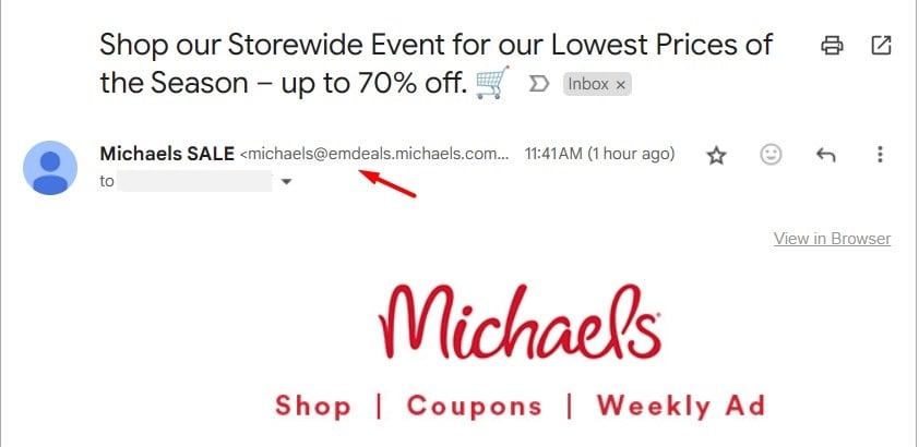 Michaels email screenshot