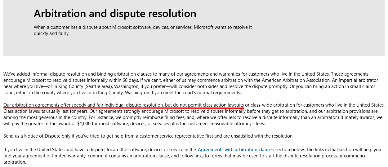 Microsoft Arbitration and Dispute Resolution - Class Action section highlighted