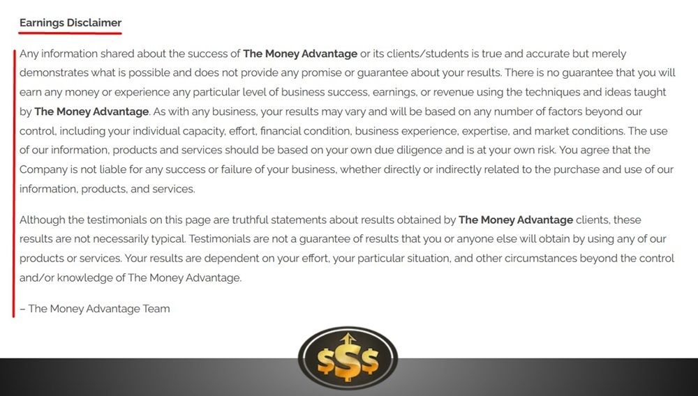 Money Advantage Earnings Disclaimer