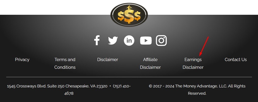 Money Advantage website footer with Earnings Disclaimer link highlighted