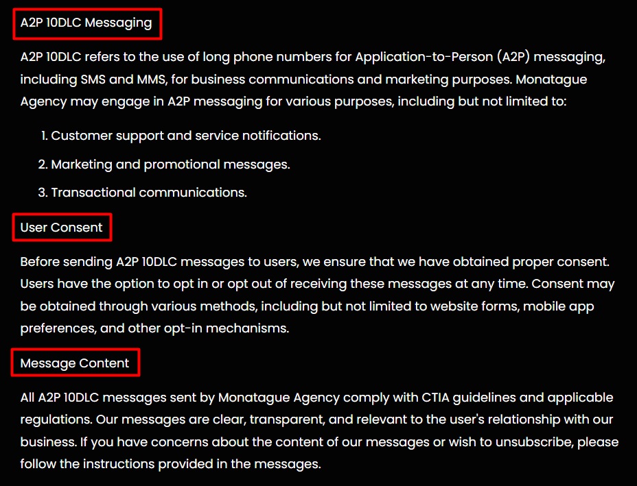 Montague Agency Privacy Policy: A2P 10DLC Messaging clause