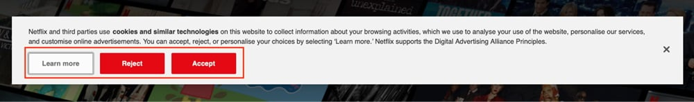 Netflix cookie consent banner