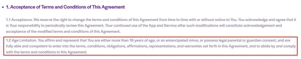 Play2Pay Terms and Conditions: Age Limitation clause