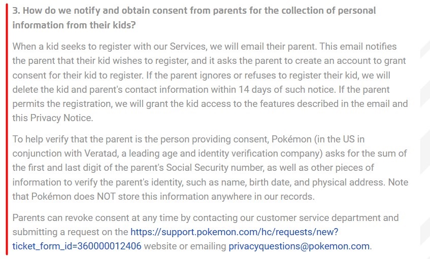 Pokemon Supplemental Kids Privacy Notice: How do we notify and obtain consent from parents clause