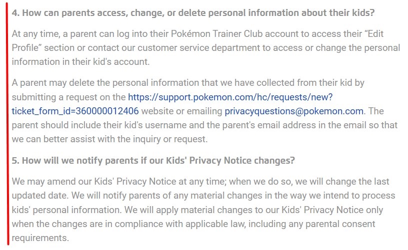 Pokemon Supplemental Kids Privacy Notice: How can parents access change or delete personal information clause