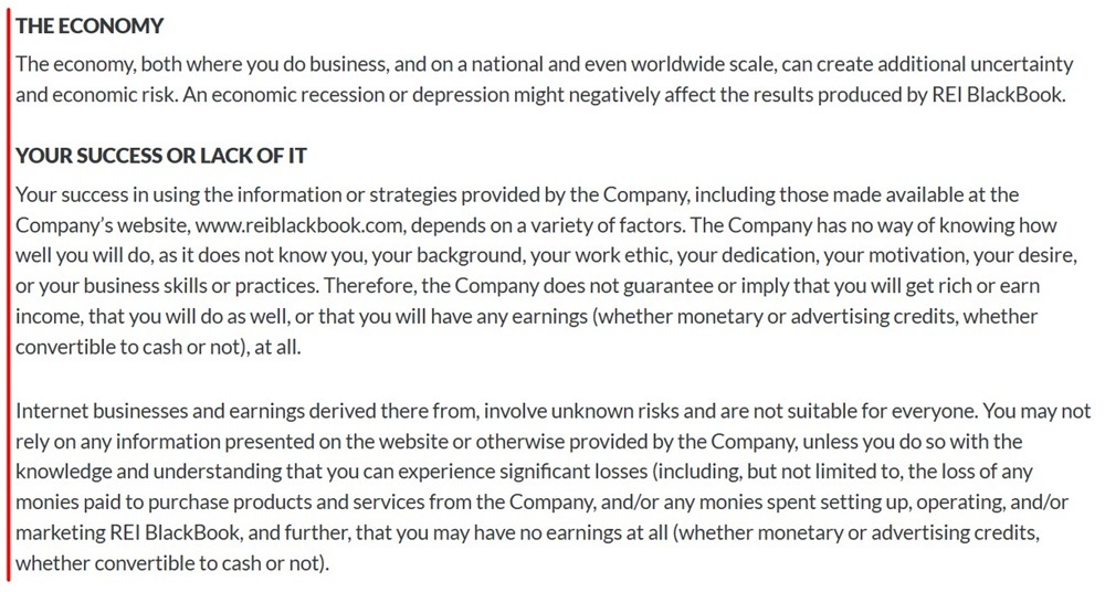 REI Blackbook Earnings Disclaimer