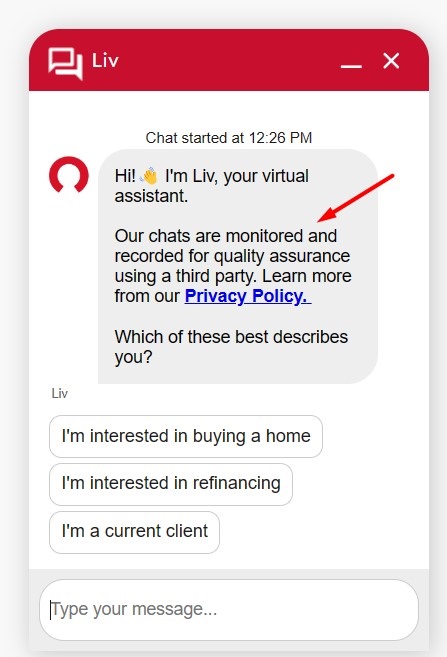 Rocket Mortgage chat box screenshot
