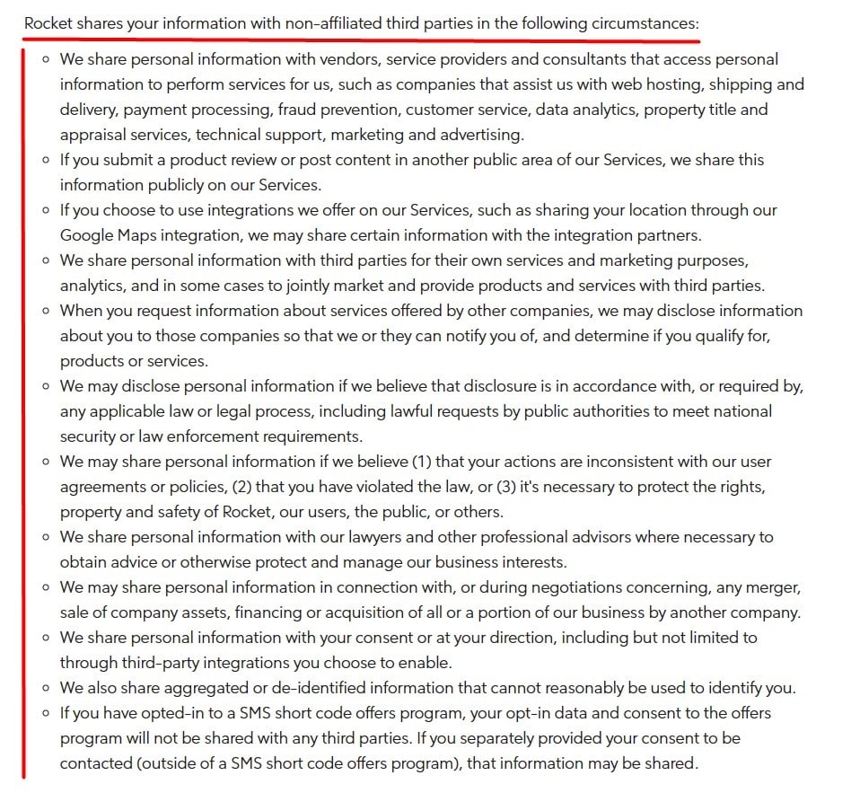 Rocket Mortgage Privacy Policy: Share with third party clause