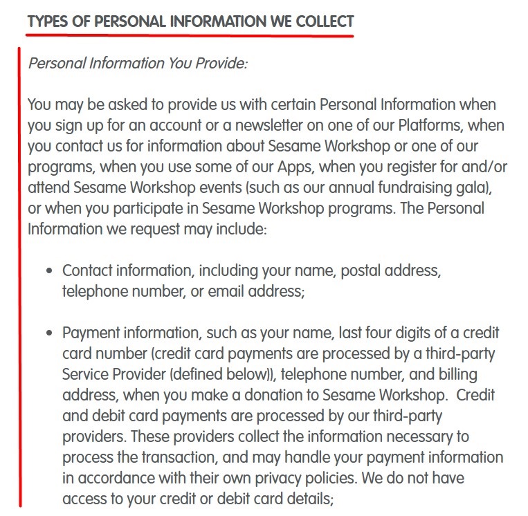 Sesame Street Privacy Policy Types of Personal Information collected clause