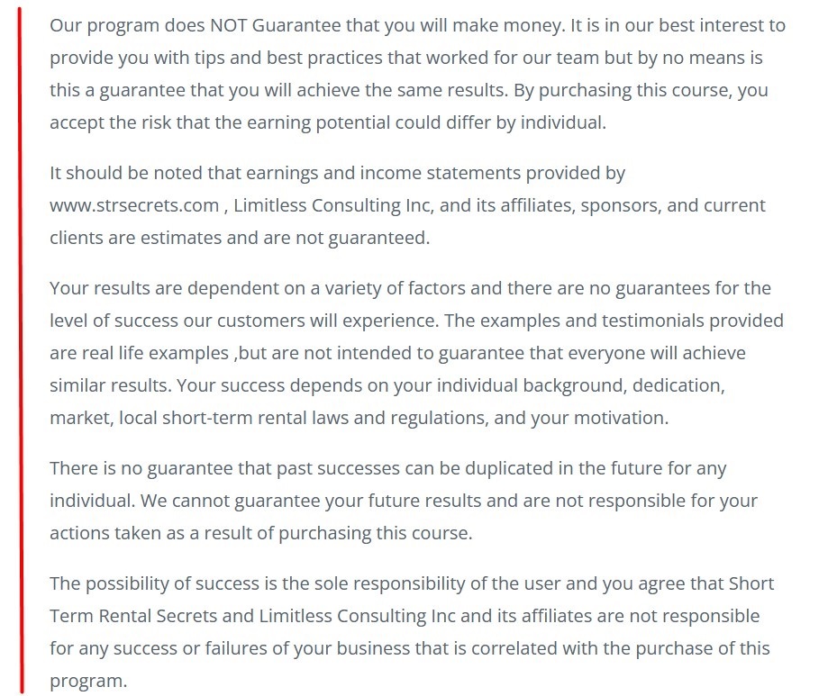 Short Term Rental Secrets Earnings Disclaimer