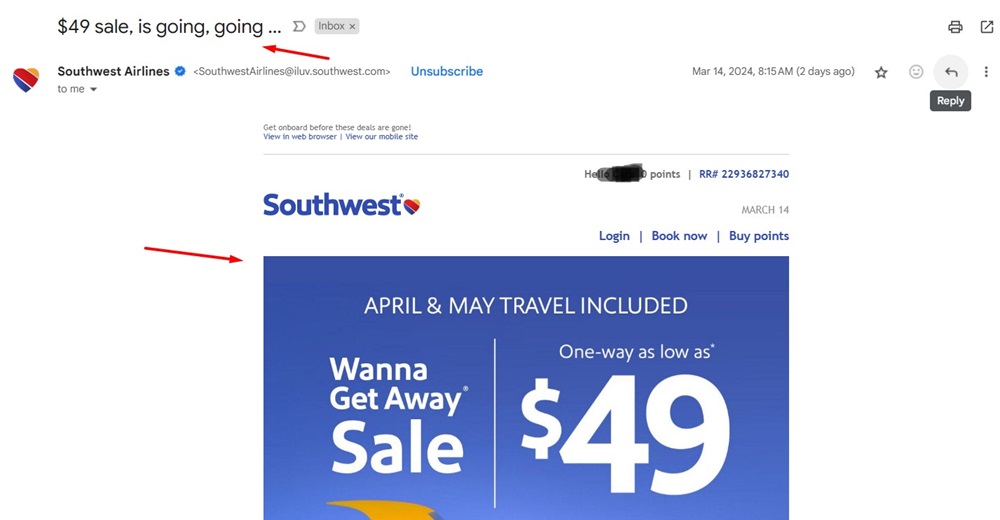 Southwest Airlines email screenshot 2